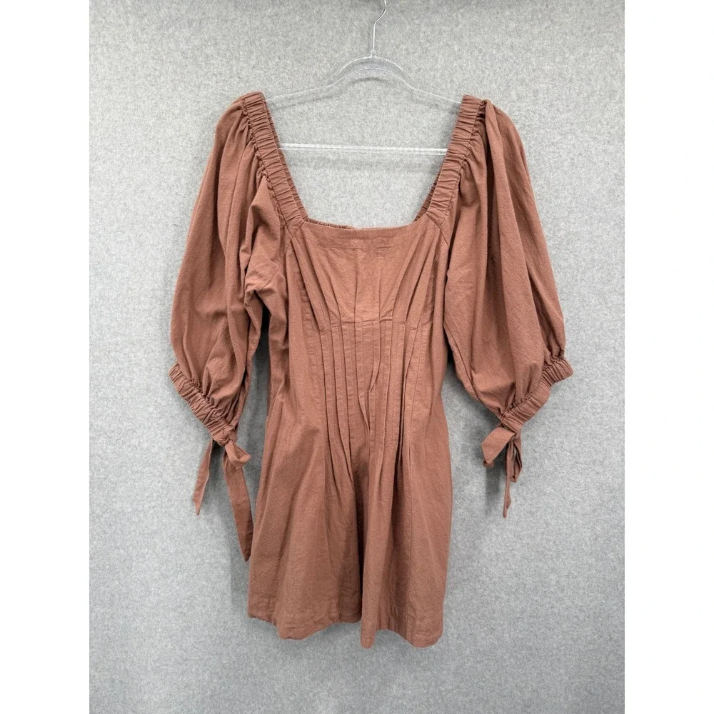 Free People Cerise Mini Dress Women M Brown Boho Puff Sleeve Square Neck Cotton